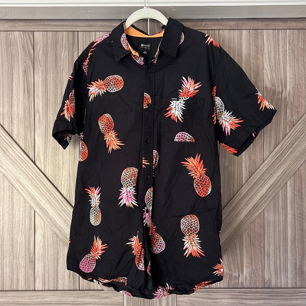 Pineapple Mens Shirt by Matix Large Black Aloha Hawaiian Short sleeves